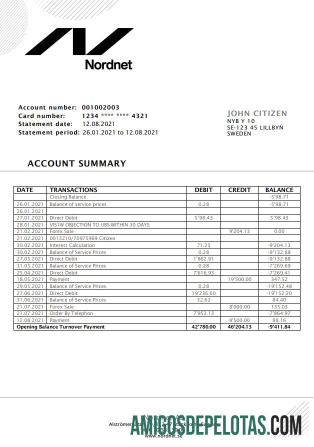 Extrato bancário realista da Suécia Nordnet AB, modelo fácil de preencher em formato .doc e .pdf, totalmente editável
